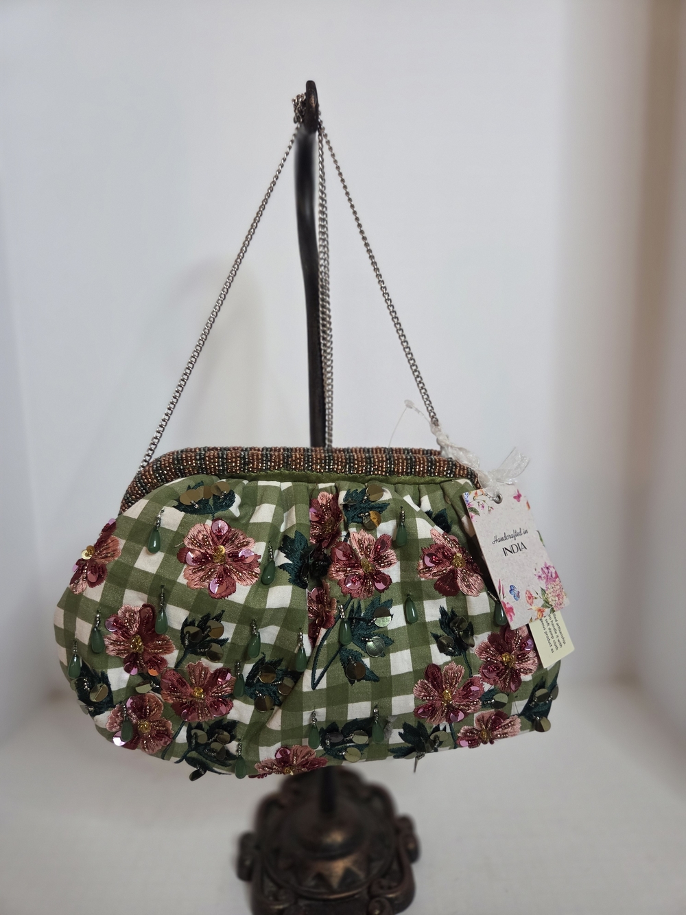 Green Gingham Floral Embellished Clutch with Chain Strap
